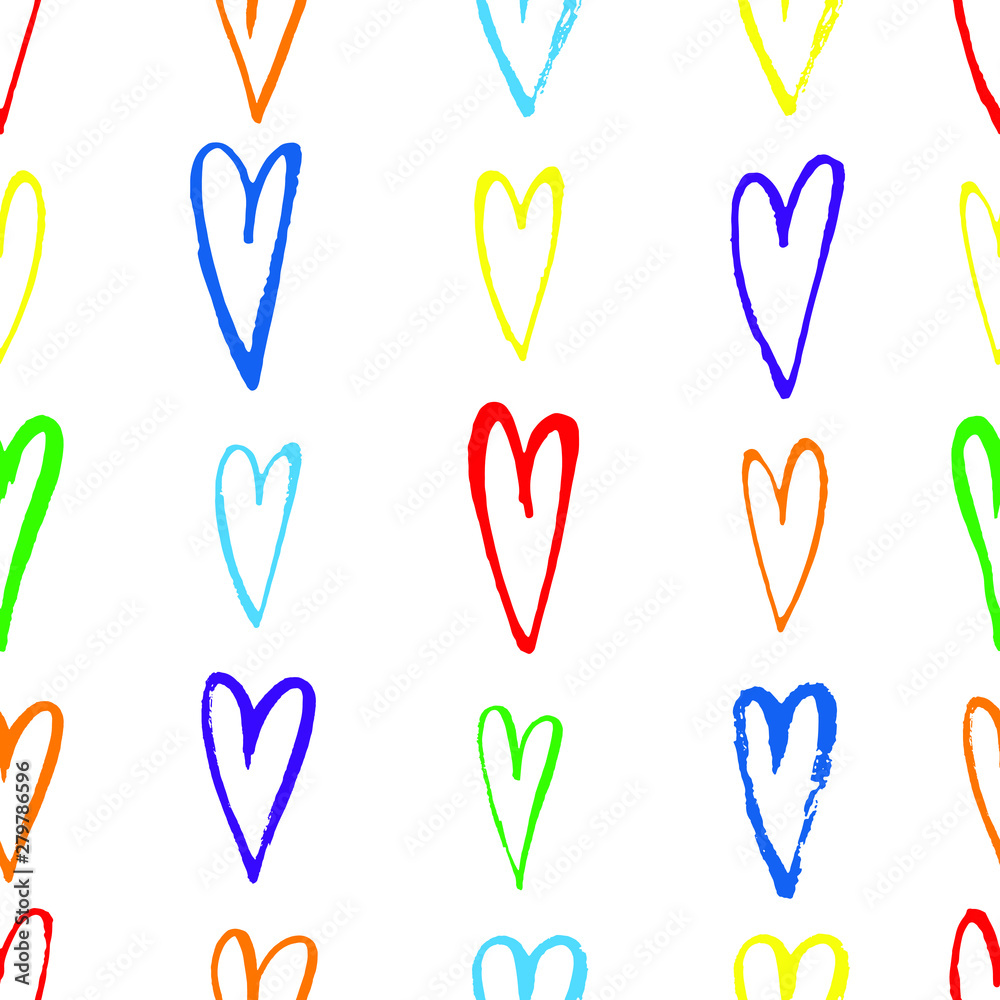 Vector seamless pattern with hand drawn simple hearts. rainbow colored.