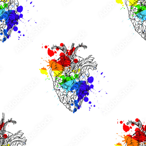 Vecyor seamless pattern with hand drawn anatomical heart from flowers and rainbow colored blotch.