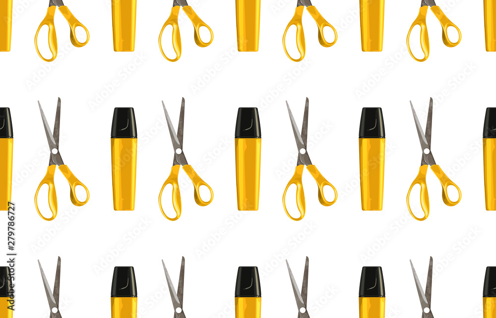 Bright back to school seamless pattern with highlighters and pairs of scissors. Bright back to school seamless pattern with highlighters and pairs of scissors.