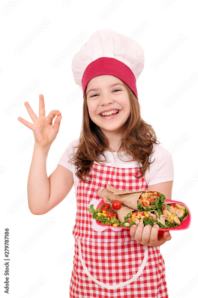 Happy little girl cook with burritos mexican food Happy little girl cook with burritos mexican food
