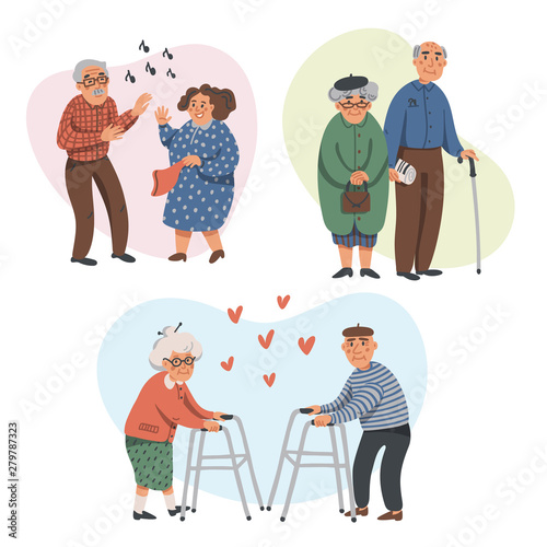 Elderly couples leisure in nursing home. Senior man and woman on white background. Nursing home. Senior people healthcare assistance flat Vector illustration.