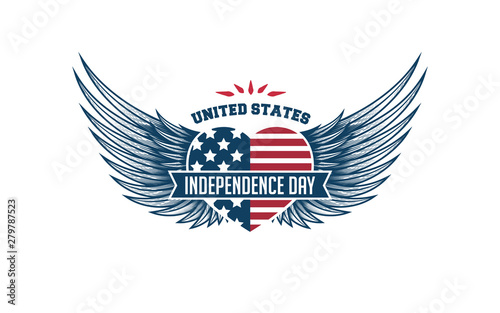 USA independence day greeting typographic label design. Vector illustration of heart with wings for badges, tags, greeting cards, banners, background. Fourth of July emblem.