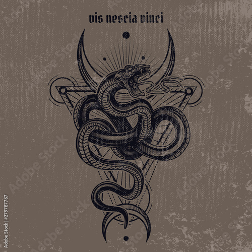 "Vis nescia vinci" - (A power that knows not defeat) quote poster. Vector illustration of snake in engraving technique with sacred geometry on grunge background. Occult poster, t-shirt print, cover.