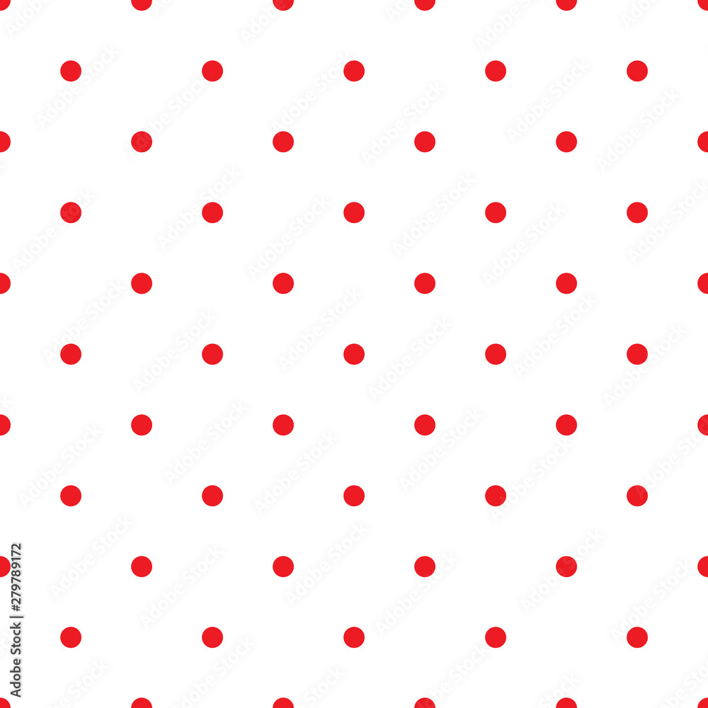 Red polka dot seamless pattern on the white background, abstract geometrical simple image illustration, repeat ornament