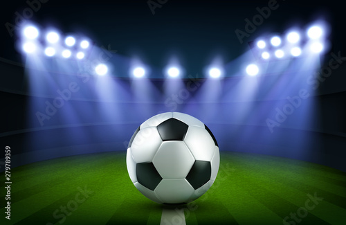 Soccer ball on stadium, football arena with glowing spotlights and green grass, banner template for tournament or teams competition advertising, bookmaker promo, Realistic 3d vector illustration