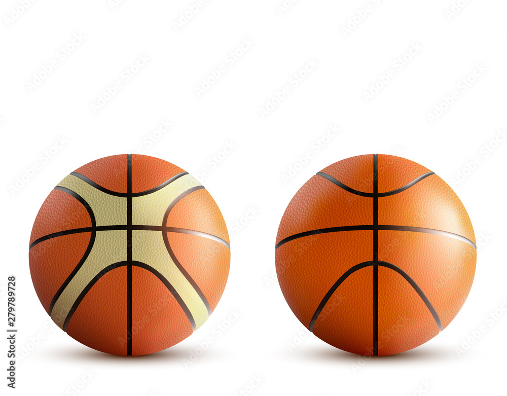 Basketball balls set isolated on white background, sports accessory, different design professional equipment for playing game, tournament, competition. Realistic 3d vector illustration, clip art, icon