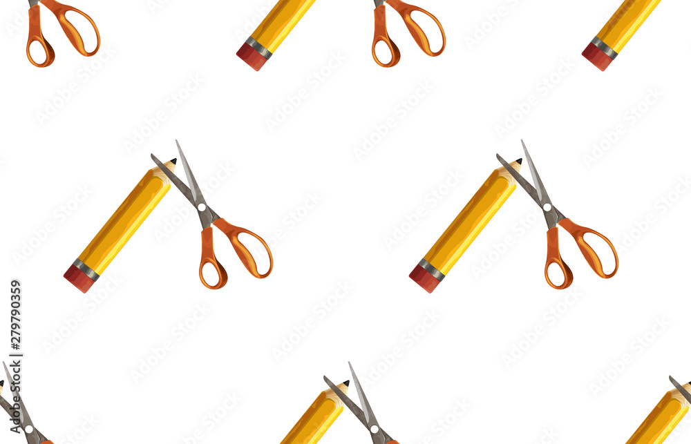 Seamless pattern of yellow pencil and pair of scissors. Seamless pattern of yellow pencil and pair of scissors.