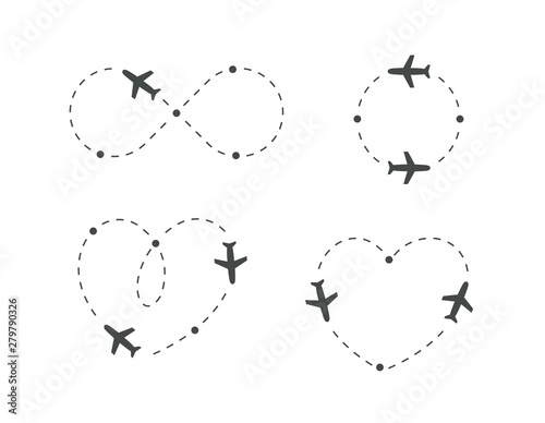 Airplane dotted route, icon set. Plane silhouette and flight path. Path direction loop, shape of heart, circle, infinity symbol. Vector logo concept.