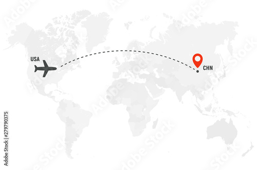 Airplane line path. Air plane flight route with start point and dash line trace. Plane icon over world map. Vector concept illustration.