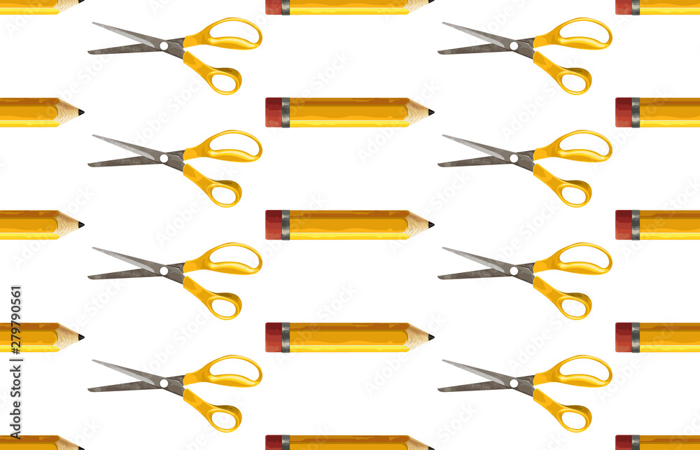 Seamless pattern of yellow pencil and pair of scissors. Seamless pattern of yellow pencil and pair of scissors.