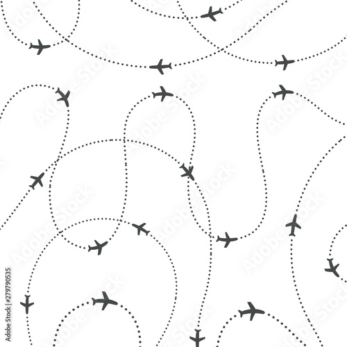 Pattern of the aircraft routes. Airplane trip texture for travelers. Ideal for packaging design, brochures, posters and clothing. Vectors.
