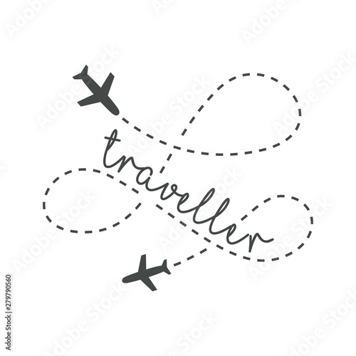 Traveller logo concept. Lettering traveler, with flying airplanes around the inscription. Flying plane along route, zigzag line. Airplane in the sky with text, vector template of sign.