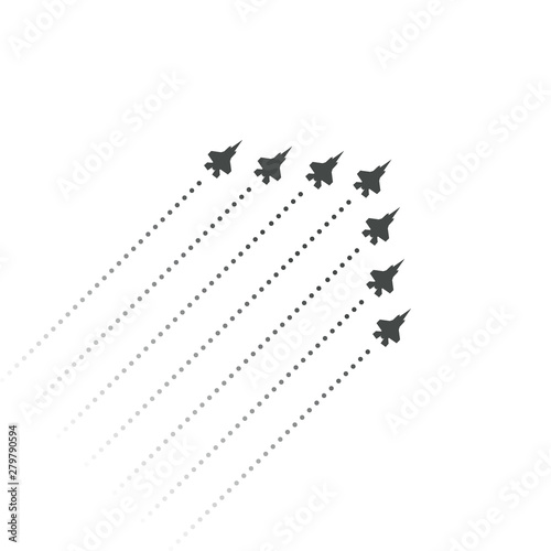 Military Aviation. Fighters fly up. wedge shape of flying jet planes. Silhouettes of reactive planes and trace of jet engines. Vector illustration.