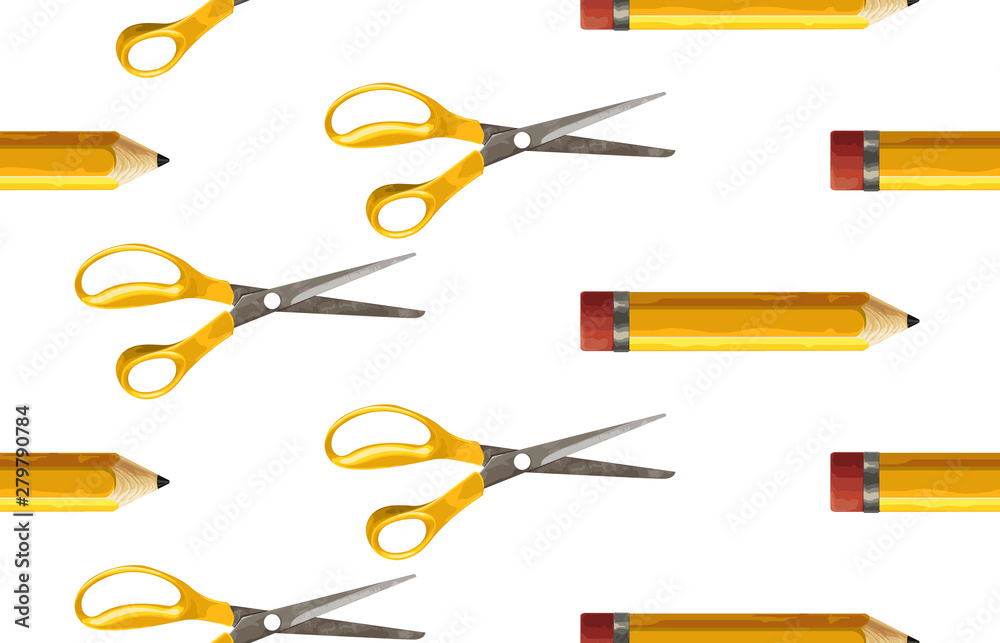 Seamless pattern of yellow pencil and pair of scissors. Seamless pattern of yellow pencil and pair of scissors.