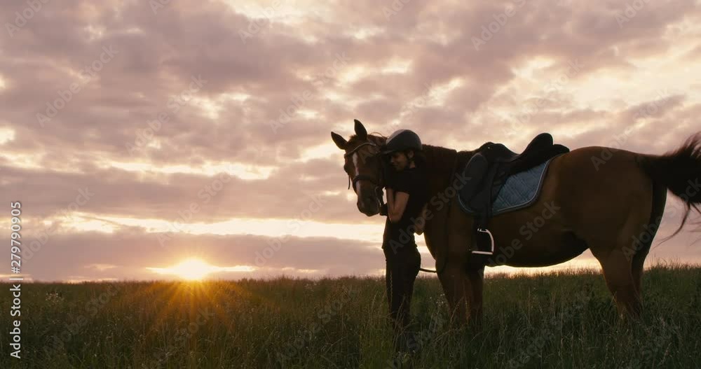 Attractive Caucasian female petting her horse on a field against beautiful sunset. Shot on RED Helium. 4K UHD RAW graded footage