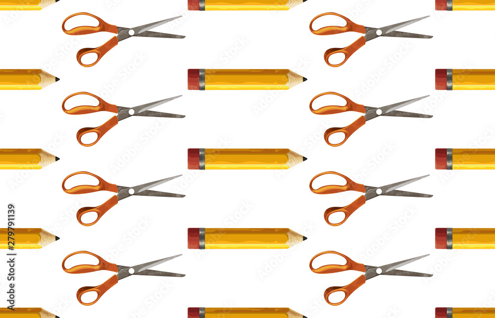 Seamless pattern of yellow pencil and pair of scissors. Seamless pattern of yellow pencil and pair of scissors.