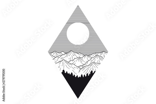 Beautiful vector illustration with nature landscape - mountains, sunbeams sun and river. Tattoo art. Infinite space, symbols of meditation, travel, tourism.