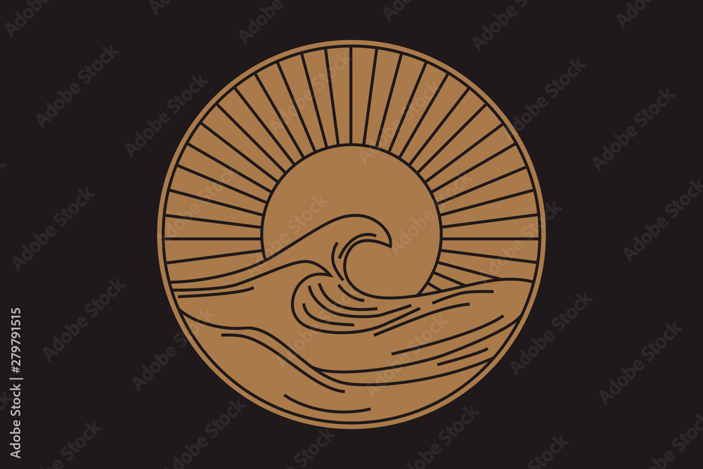 Vector seascape illustration, summer sea with big wave and sun, logo in ...