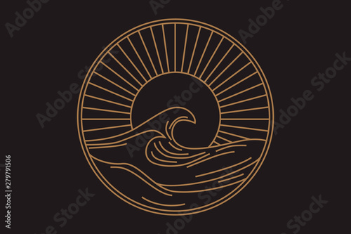 Vector seascape illustration, summer sea with big wave and sun, logo in a circle