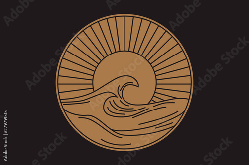 Vector seascape illustration, summer sea with big wave and sun, logo in a circle