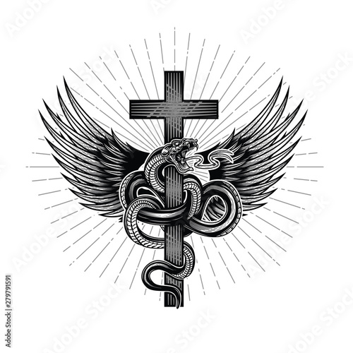 Snake with wings wrapped around a cross. Hand drawn vector illustration in engraving technique with star rays isolated on white background. Ancient symbol concept. 