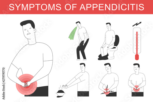 Appendicitis symptoms vector cartoon medical illustration.