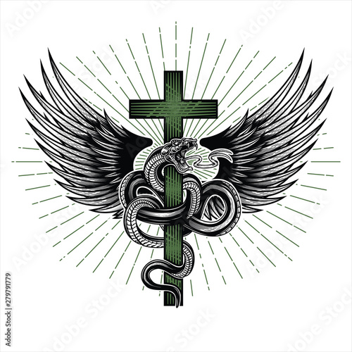 Snake with wings wrapped around a cross. Hand drawn vector illustration in engraving technique with star rays isolated on white background. Ancient symbol concept. 