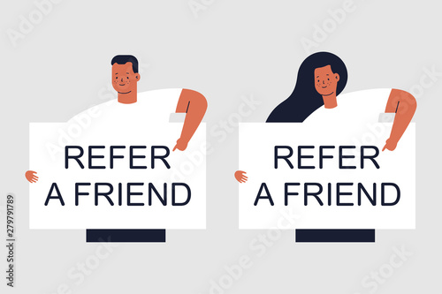 Refer a friend vector concept illustration with man and woman characters isolated on background.