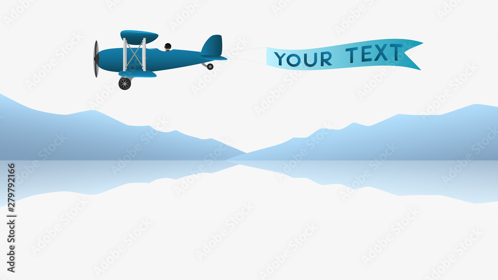 Airplane with poster on background the mountains and lake. Poster for your text. Vector illustration