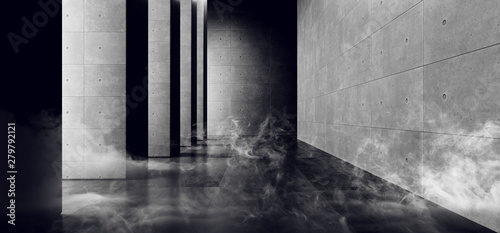 Smoke Modern Elegant Architecture Grunge Concrete Columns Cement Reflective Underground Hallway Room Garage Gallery Tunnel Corridor Dark Empty Background 3D Rendering