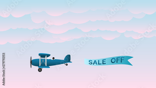 Text sale off on Airplane. On Background sky and clouds. Sale concept background for shop store market.  Vector illustration