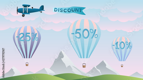 Discount on background nature and air balloons. Sale concept background for shop store market. Vector illustration.