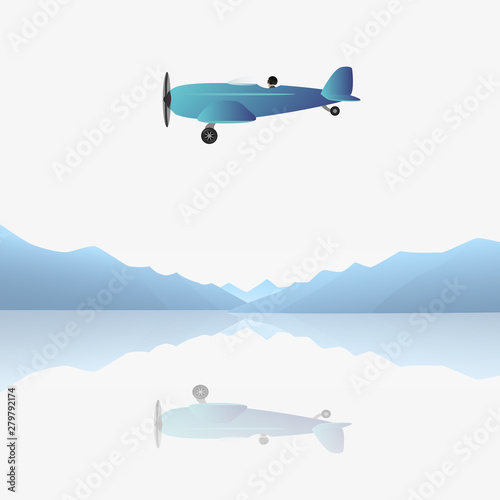 Airplane on background the mountains and lake. Vector illustration.