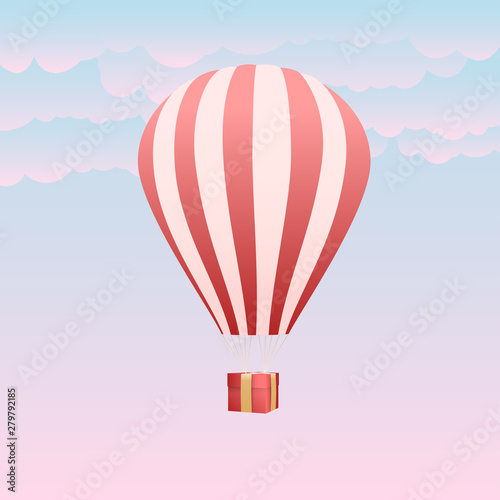 Air balloons with gift box on background sky and clouds. Vector illustration.
