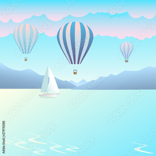 Air balloons on background beautiful nature. Vector illustration.