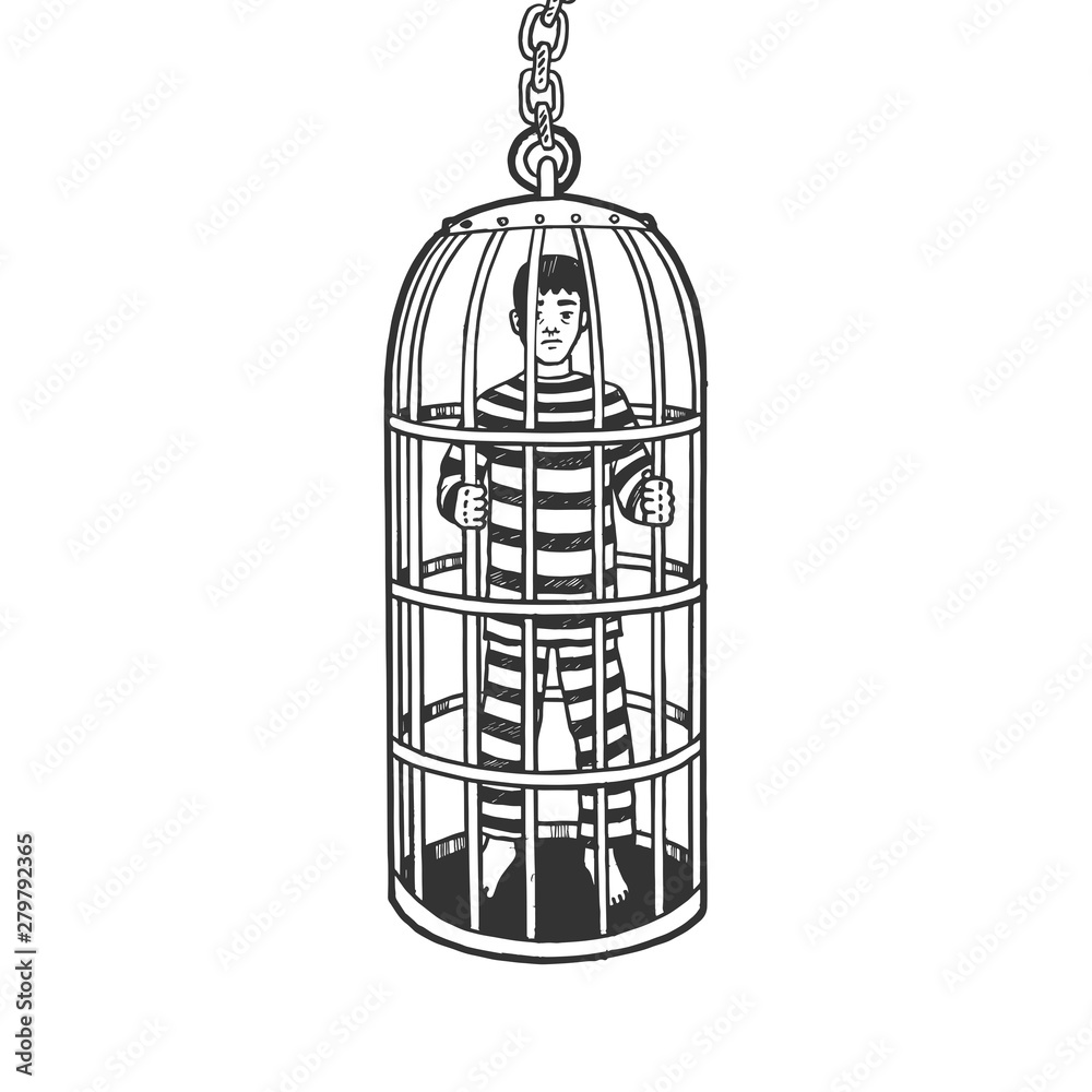 Iron cage medieval torture device sketch engraving vector illustration. Scratch board style imitation. Hand drawn image.