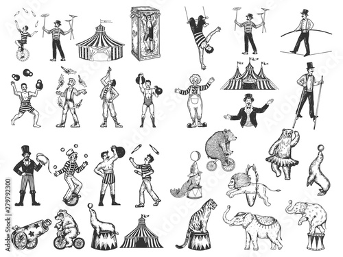 Retro circus performance set sketch style vector illustration. Old hand drawn engraving imitation. Human and animals vintage drawings photo