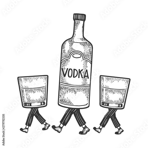 Vodka alcohol bottle with ice and glasses walks on its feet sketch engraving vector illustration. Scratch board style imitation. Black and white hand drawn image.