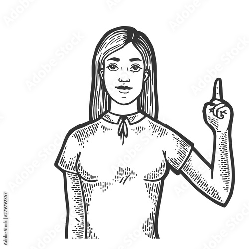 Woman with index forefinger up hand attention gesture sketch engraving vector illustration. Scratch board style imitation. Black and white hand drawn image.
