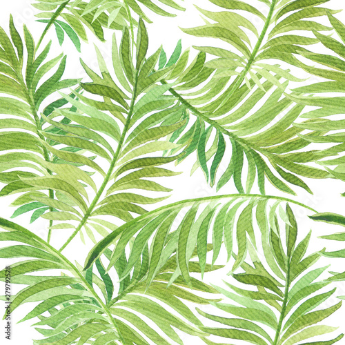 Watercolor tropical seamless pattern with exotic leaves. Best for fabric, wallpaper, invitation cards design, print. Hand painted, trendy, fresh botanical design