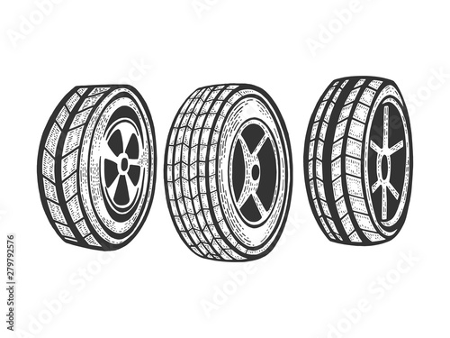 Car Wheels set sketch engraving vector illustration. Scratch board style imitation. Black and white hand drawn image.