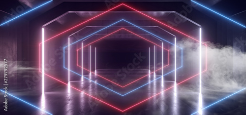 Smoke Futuristic Sci Fi Laser Neon Shapes Glowing Light Vibrant Red Blue Stage NIght Club Background Grunge Concrete Dark Tunnel Hall Corridor Garage Fashion Reflective 3D Rendering