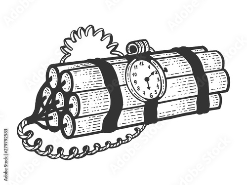 Time bomb explosive dynamite sketch engraving vector illustration. Scratch board style imitation. Black and white hand drawn image.