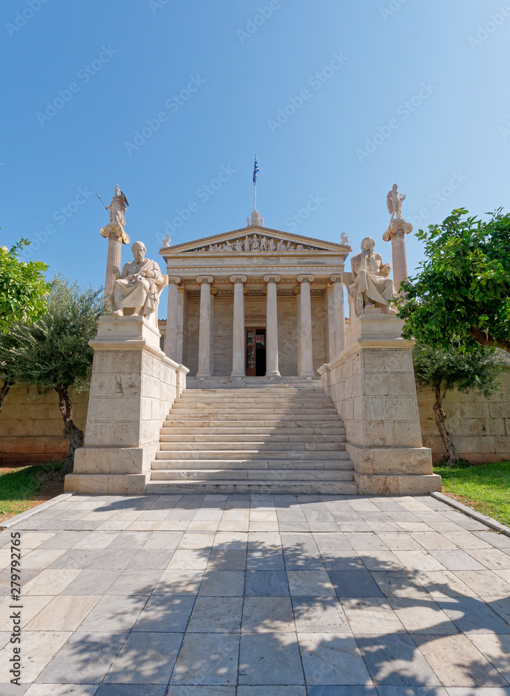 Greece, academy of Athens main facade view with Socrates and Plato statues