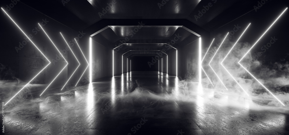 Smoke Retro Modern Futuristic White Sci Fi Neon Light Arrow Shapes Laser Beams Grunge Concrete Reflective Tunnel Corridor Hall Garage Underground 3D Rendering