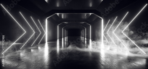 Fototapeta Naklejka Na Ścianę i Meble -  Smoke Retro Modern Futuristic White Sci Fi Neon Light Arrow Shapes Laser Beams Grunge Concrete Reflective Tunnel Corridor Hall Garage Underground 3D Rendering
