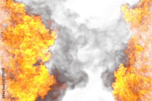 mysterious fire frame isolated on white background - fire lines from sides left and right, top and bottom are empty - fire 3D illustration