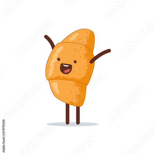 Cute and happy croissant vector cartoon character isolated on a white background.