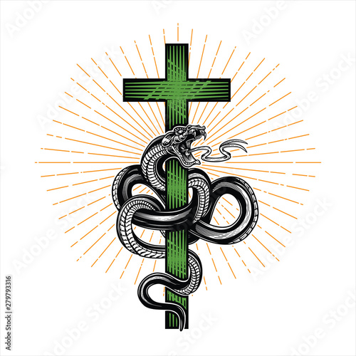 Snake wrapped around a cross. Hand drawn vector illustration in engraving technique with star rays isolated on white background. Ancient symbol concept. 