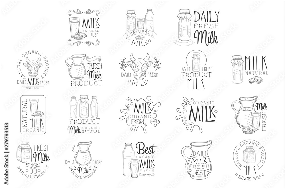 Best Organic Milk Product Set Of Hand Drawn Black And White Sign Design Templates With Calligraphic Text